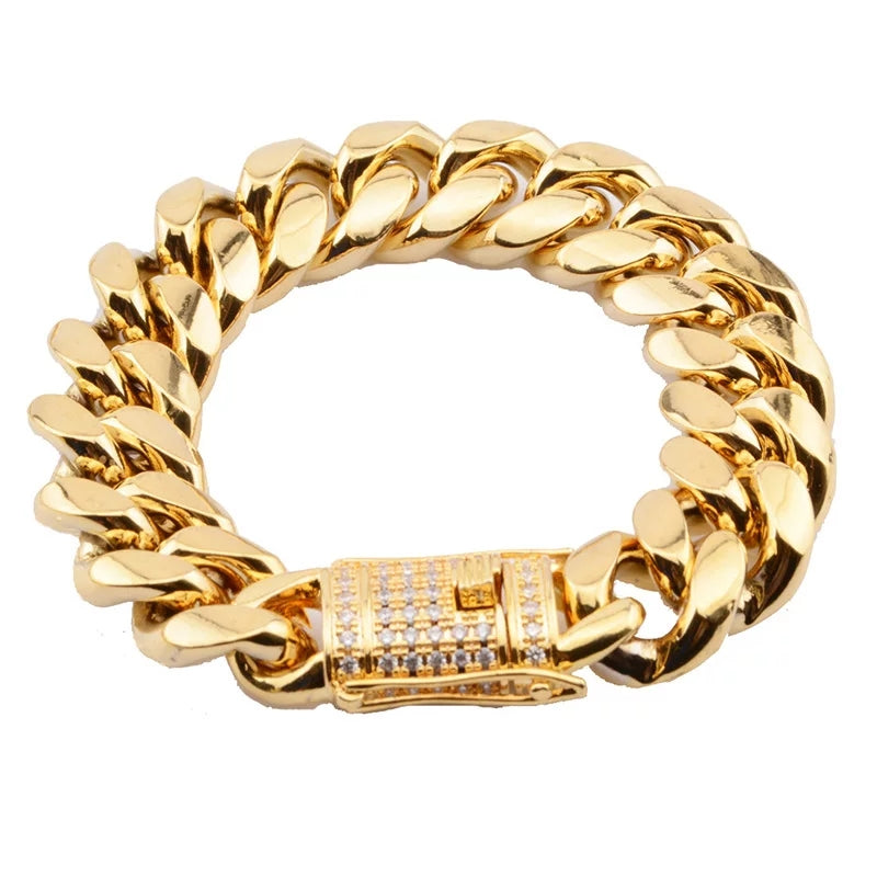 Brazalete Gold Cuban Diamonds Cierre Cajón SS316L