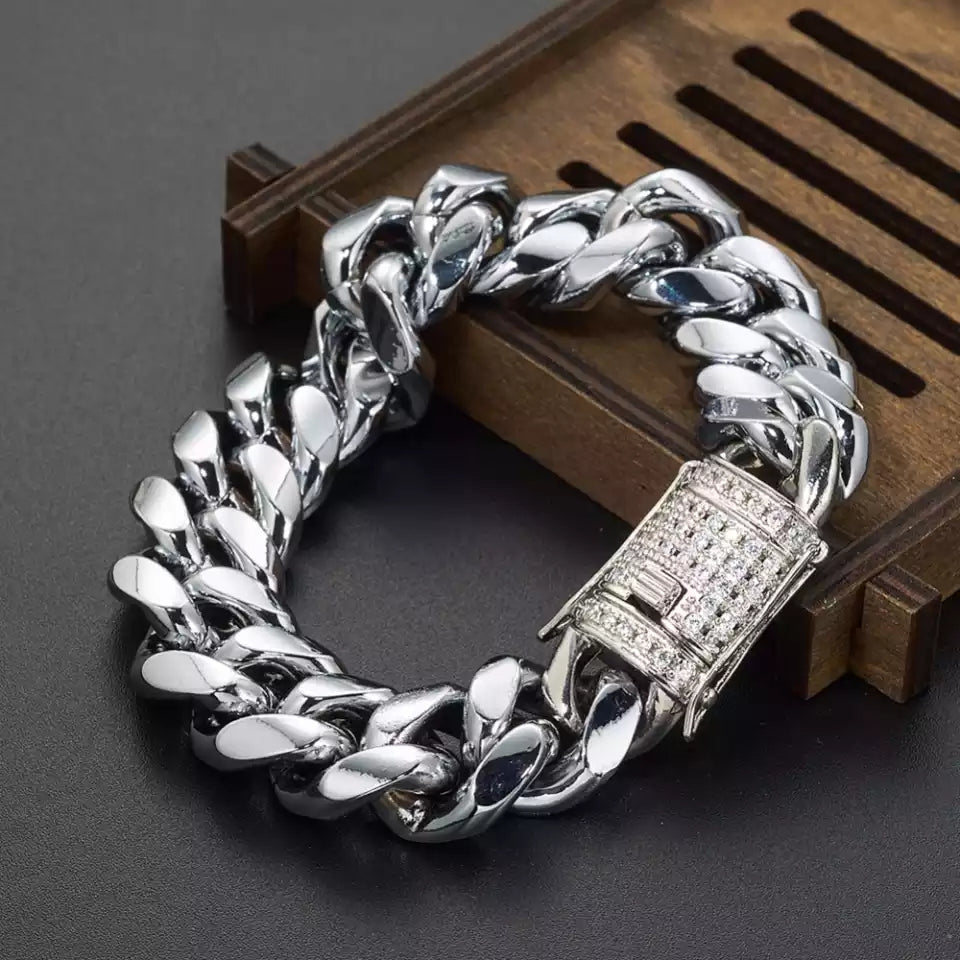 Brazalete Silver Cuban Diamonds Cierre Cajón SS316L