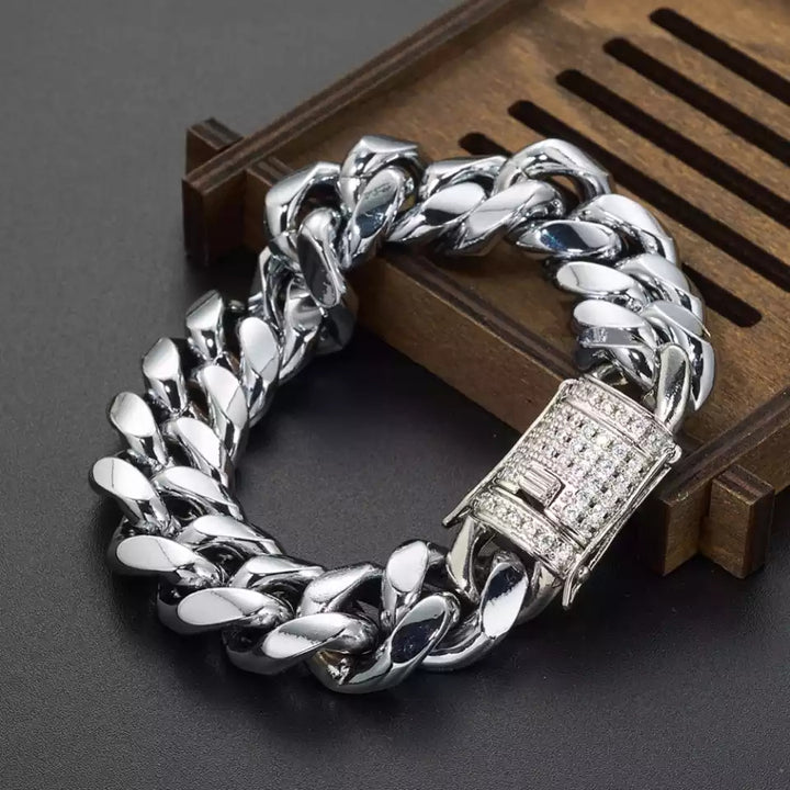 Brazalete Silver Cuban Diamonds Cierre Cajón SS316L